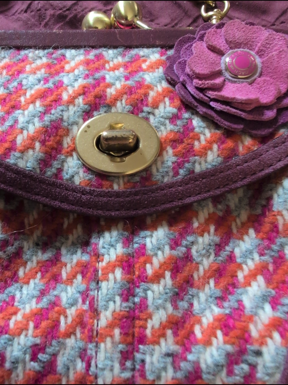 Coach Multicolor Houndstooth Tweed Satchel with Purple Trim - Picture 3 of 11